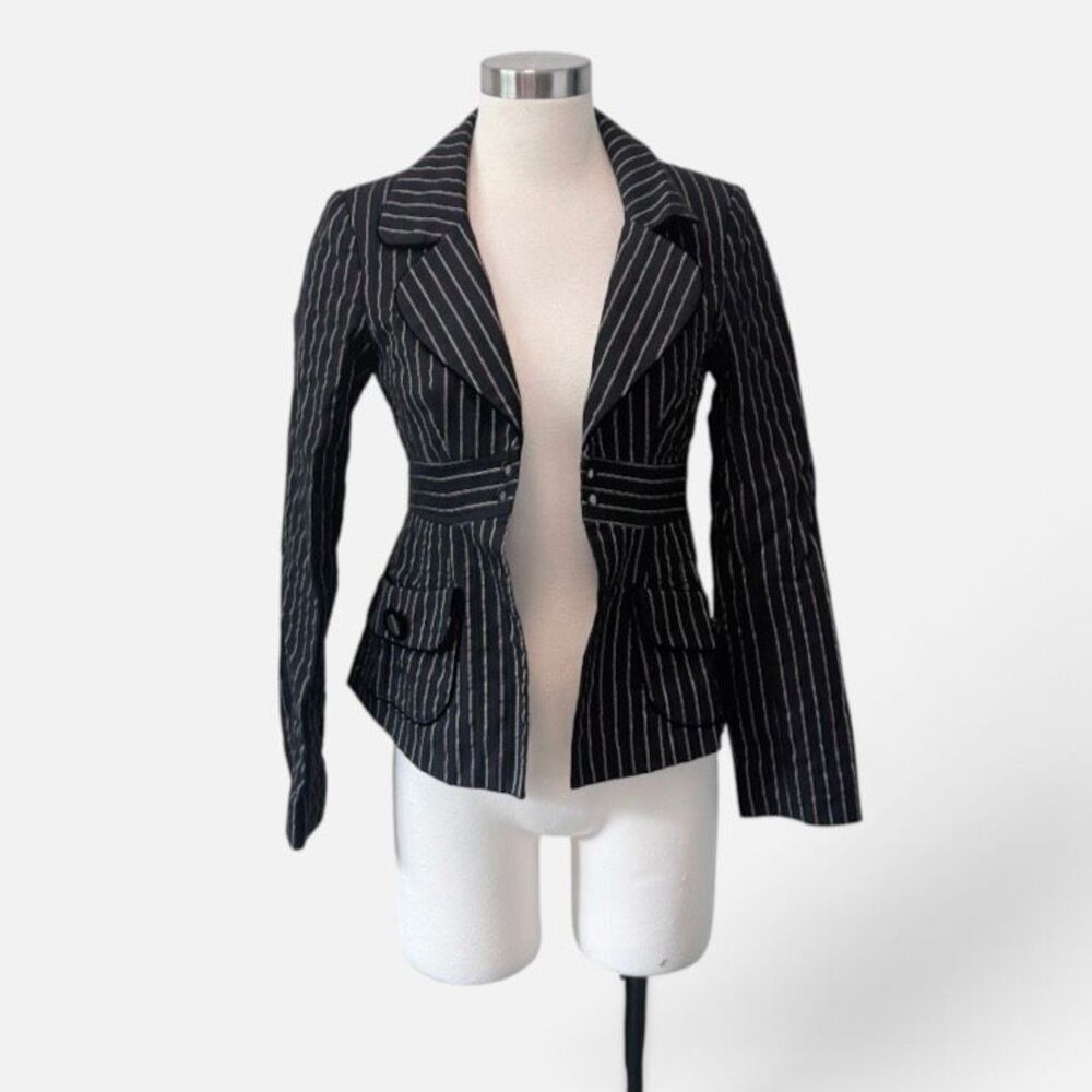 Vintage Nanette Lepore Black Stripe Blazer Jacket Small 4 Neon Pink Lace Up